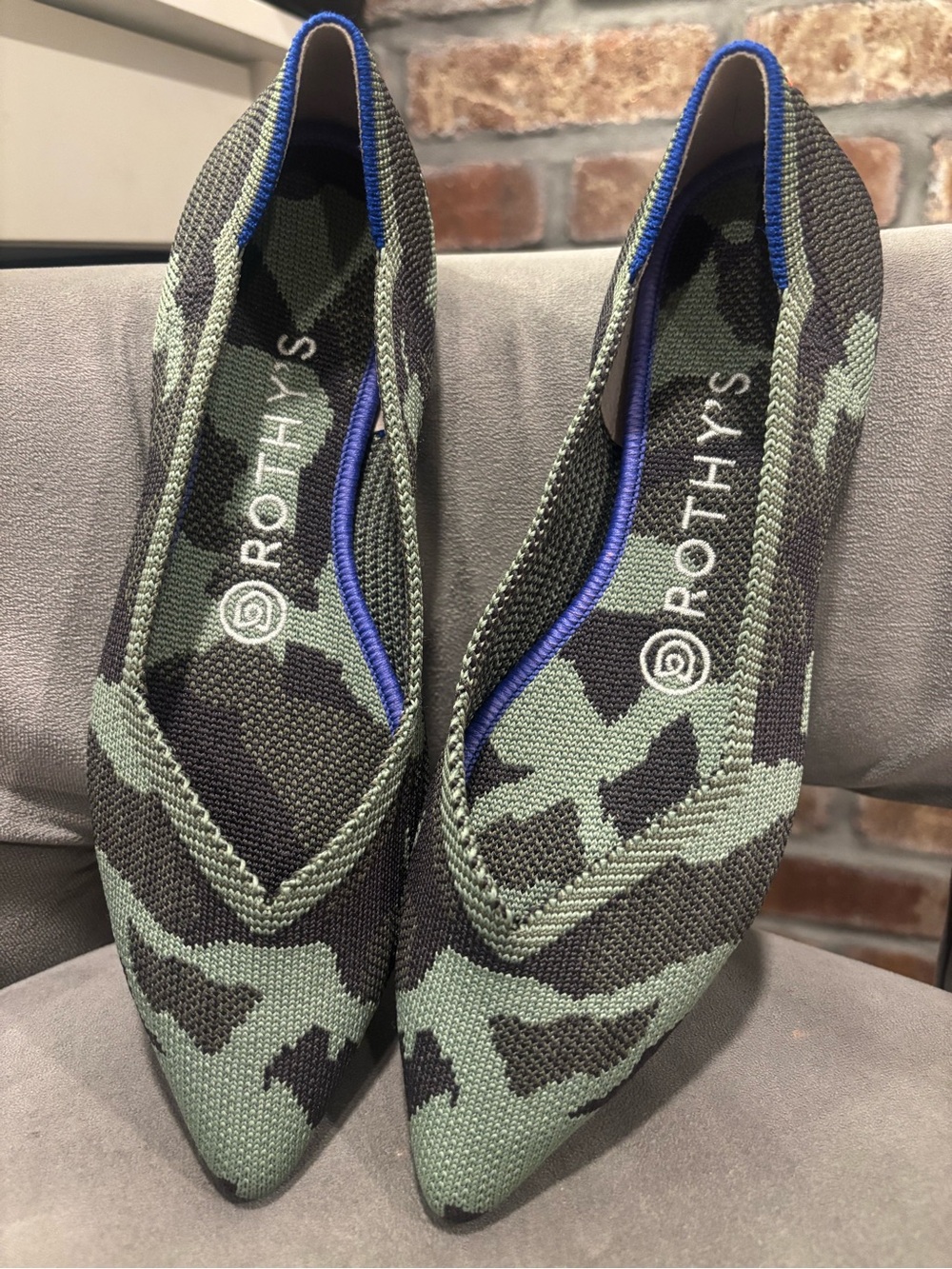 Rothy's Pointed Knit Flats in Green Camo with Blue Trim